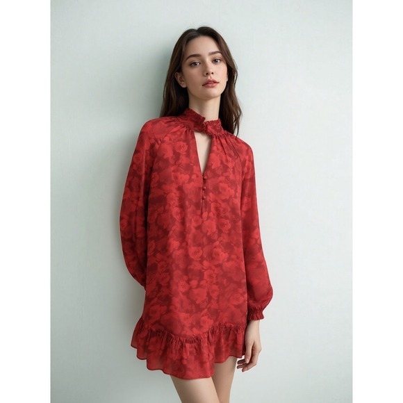 Anthropologie g. p. d. Jacquard Tunic‎ Mini Dress Sz M Red Floral Flutter Date - Picture 2 of 12